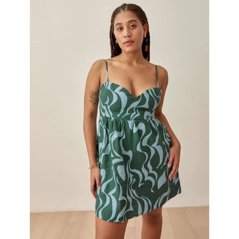 Reformation Green Martin Mirage Linen Dress Sweetheart Neck Flounce Mini Size 12